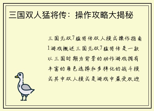 三国双人猛将传：操作攻略大揭秘